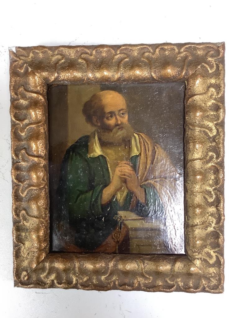 19th century Flemish School, oil on copper panel, St Peter in prayer, label verso stating from the Moyglare House Collection, 16 x 13cm